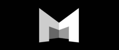 A logo depicting a large grey and white 3D letter M against a black background.