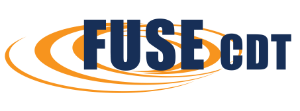Logo for the Centre for Doctoral Training in Future Ultrasonic Engineering. The acronym FUSE CDT in dark blue over orange swooshes.